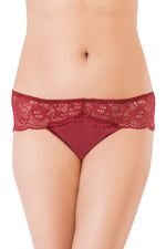 Women's Mid Waist Frilled Floral  Sheer Lace Hipster Wine Red Nylon Panty